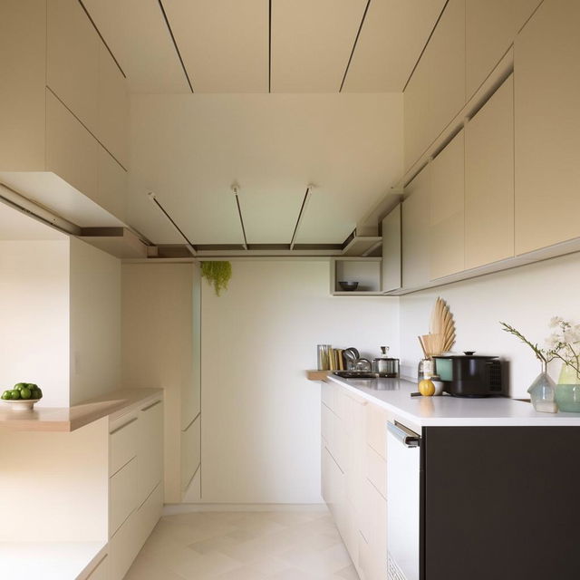 Modern, space-efficient interior design of a small kitchen that appears significantly larger than its actual size