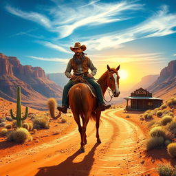 A vibrant Western landscape featuring a dusty dirt road winding through sprawling canyons under a bright blue sky
