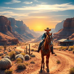 A vibrant Western landscape featuring a dusty dirt road winding through sprawling canyons under a bright blue sky