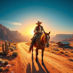 A vibrant Western landscape featuring a dusty dirt road winding through sprawling canyons under a bright blue sky
