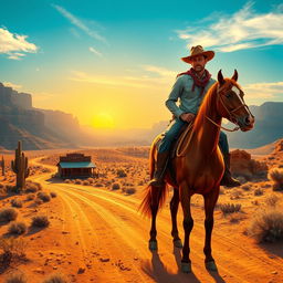 A vibrant Western landscape featuring a dusty dirt road winding through sprawling canyons under a bright blue sky