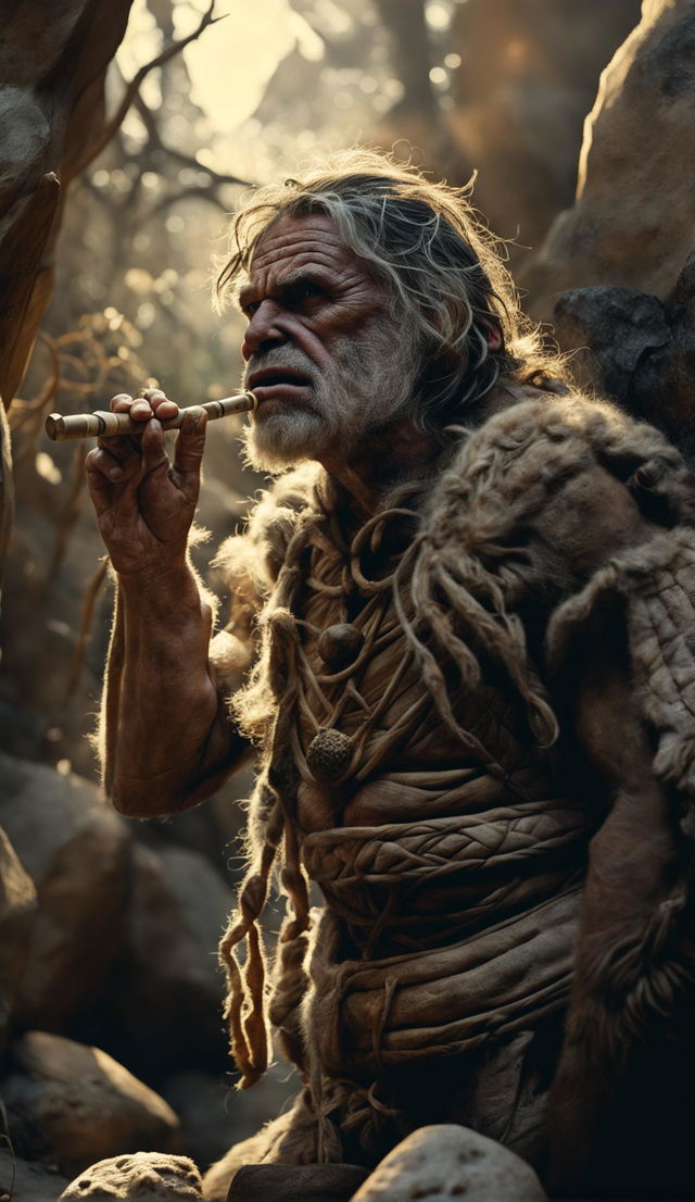 A Neanderthal caveman with prominent facial features playing a pale bone flute in an ancient forest under warm morning light. He's dressed in primitive animal skin clothing and has detailed human hands.