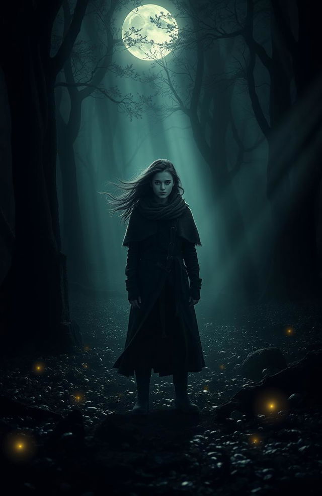 A mysterious and romantic scene depicting a lone figure, known as the Seeker, standing in a shadowy forest