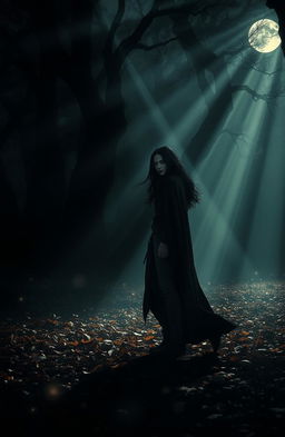 A mysterious and romantic scene depicting a lone figure, known as the Seeker, standing in a shadowy forest