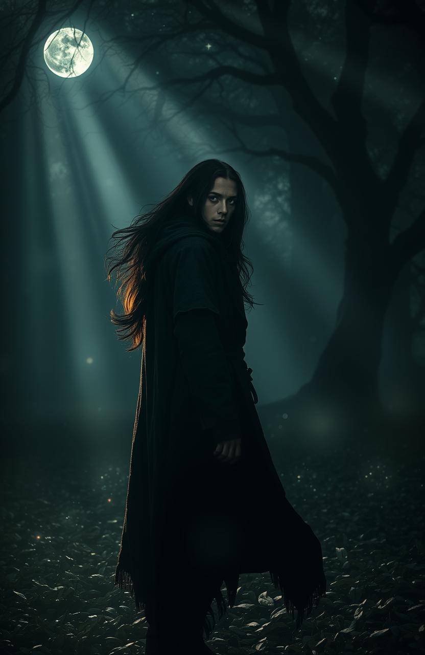 A mysterious and romantic scene depicting a lone figure, known as the Seeker, standing in a shadowy forest