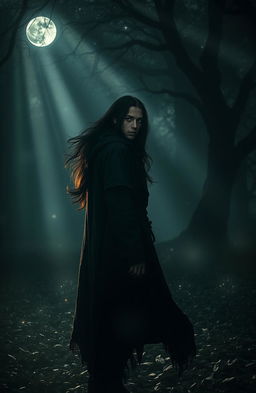 A mysterious and romantic scene depicting a lone figure, known as the Seeker, standing in a shadowy forest