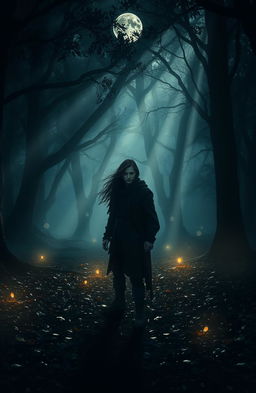 A mysterious and romantic scene depicting a lone figure, known as the Seeker, standing in a shadowy forest