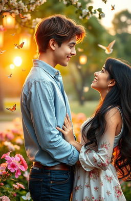 A romantic scene capturing the first meeting between two lovers in a picturesque outdoor setting