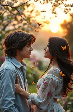 A romantic scene capturing the first meeting between two lovers in a picturesque outdoor setting