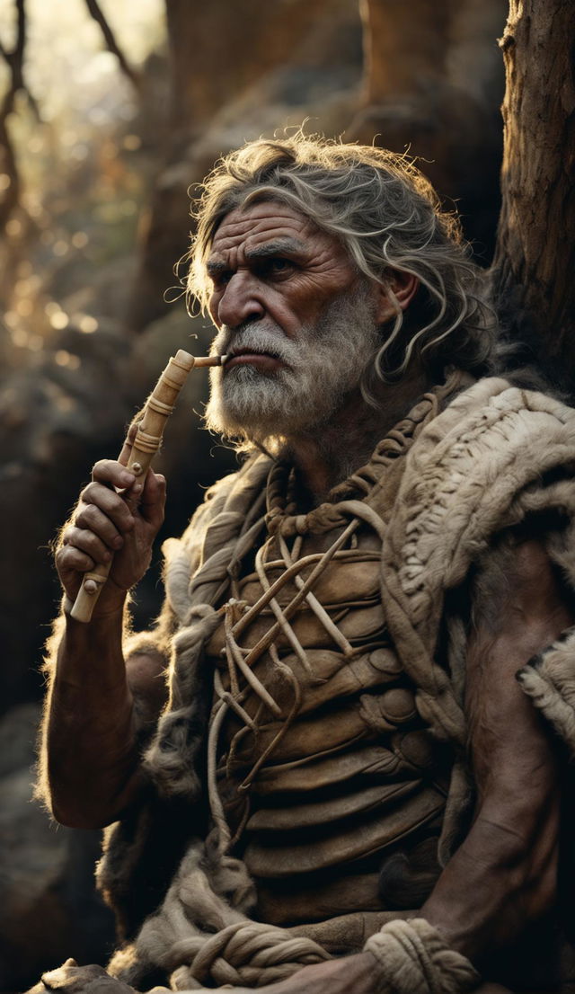 A Neanderthal caveman with prominent facial features holding a pale bone flute to his lips in an ancient forest under warm morning light. He's dressed in primitive animal skin clothing and has detailed human hands.