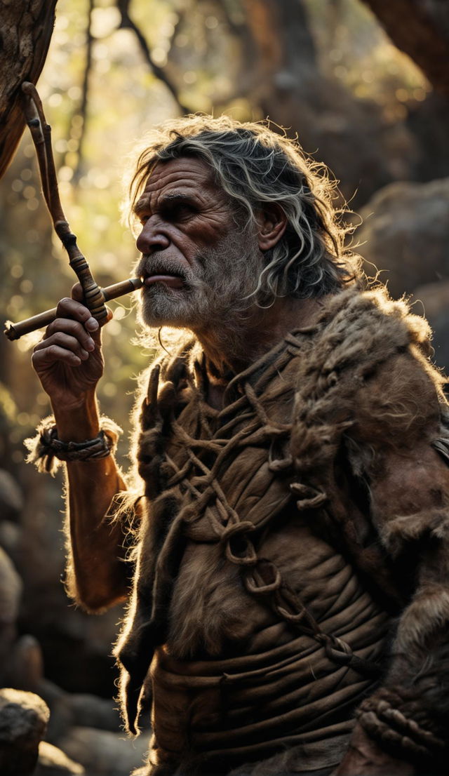 A Neanderthal caveman with prominent facial features playing a simple bone flute with perfect hands in an ancient forest under warm morning light. He's dressed in primitive animal skin clothing.