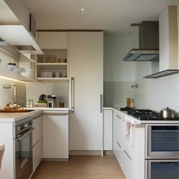 A modern, small-sized kitchen interior designed to give a spacious appearance