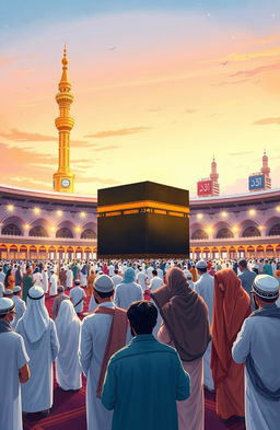 A vibrant travel log-style illustration capturing the spirit of Umrah, showcasing pilgrims performing their rituals around the Kaaba in Mecca