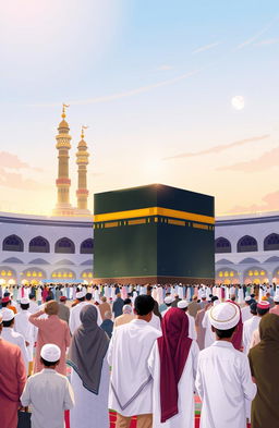 A vibrant travel log-style illustration capturing the spirit of Umrah, showcasing pilgrims performing their rituals around the Kaaba in Mecca