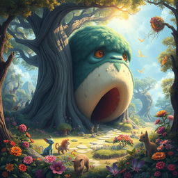 A large and intricately detailed illustration of a massive, oversized puisee, vividly portrayed in a surreal landscape filled with whimsical elements such as fantastical creatures, lush vegetation, and vibrant colors