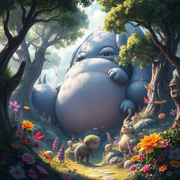 A large and intricately detailed illustration of a massive, oversized puisee, vividly portrayed in a surreal landscape filled with whimsical elements such as fantastical creatures, lush vegetation, and vibrant colors