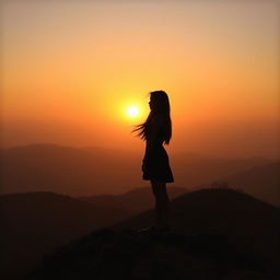 A striking silhouette of a teenage girl with long, flowing dark hair, standing atop a picturesque hill