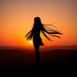 A striking silhouette of a teenage girl with long, flowing dark hair, standing atop a picturesque hill