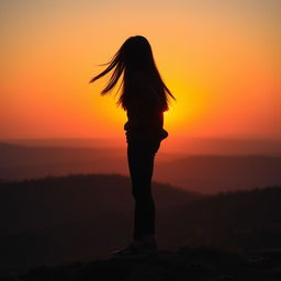 A striking silhouette of a teenage girl with long, flowing dark hair, standing atop a picturesque hill