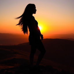 A striking silhouette of a teenage girl with long, flowing dark hair, standing atop a picturesque hill