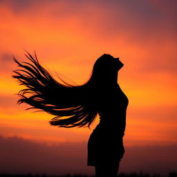 A striking silhouette of a teenage girl with long, flowing dark hair, standing gracefully against a sunset backdrop