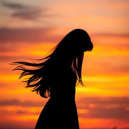 A striking silhouette of a teenage girl with long, flowing dark hair, standing gracefully against a sunset backdrop