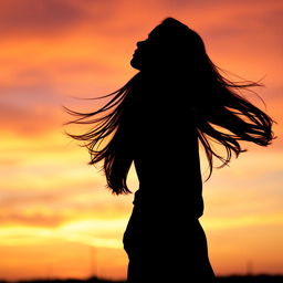 A striking silhouette of a teenage girl with long, flowing dark hair, standing gracefully against a sunset backdrop