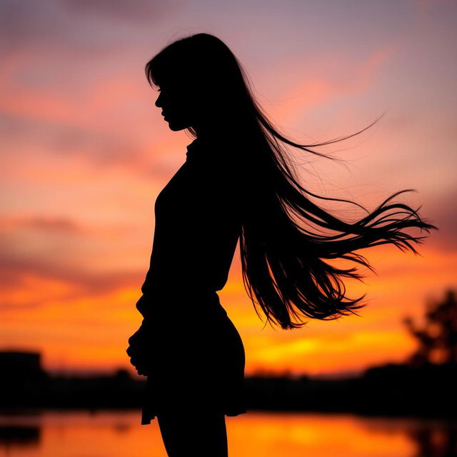 A striking silhouette of a teenage girl with long, flowing dark hair, standing gracefully against a sunset backdrop