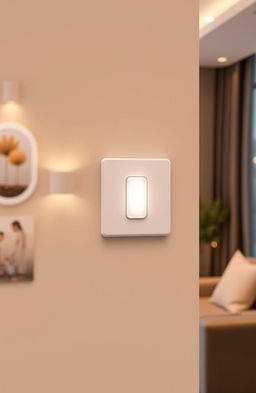 A modern wireless light switch design, elegantly placed on a stylish wall, showcasing its sleek surface and minimalistic style
