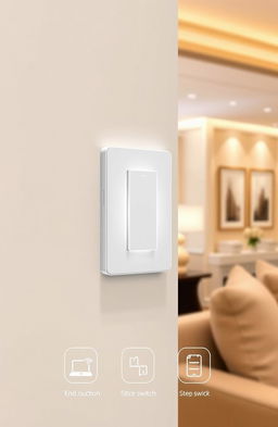 A modern wireless light switch design, elegantly placed on a stylish wall, showcasing its sleek surface and minimalistic style