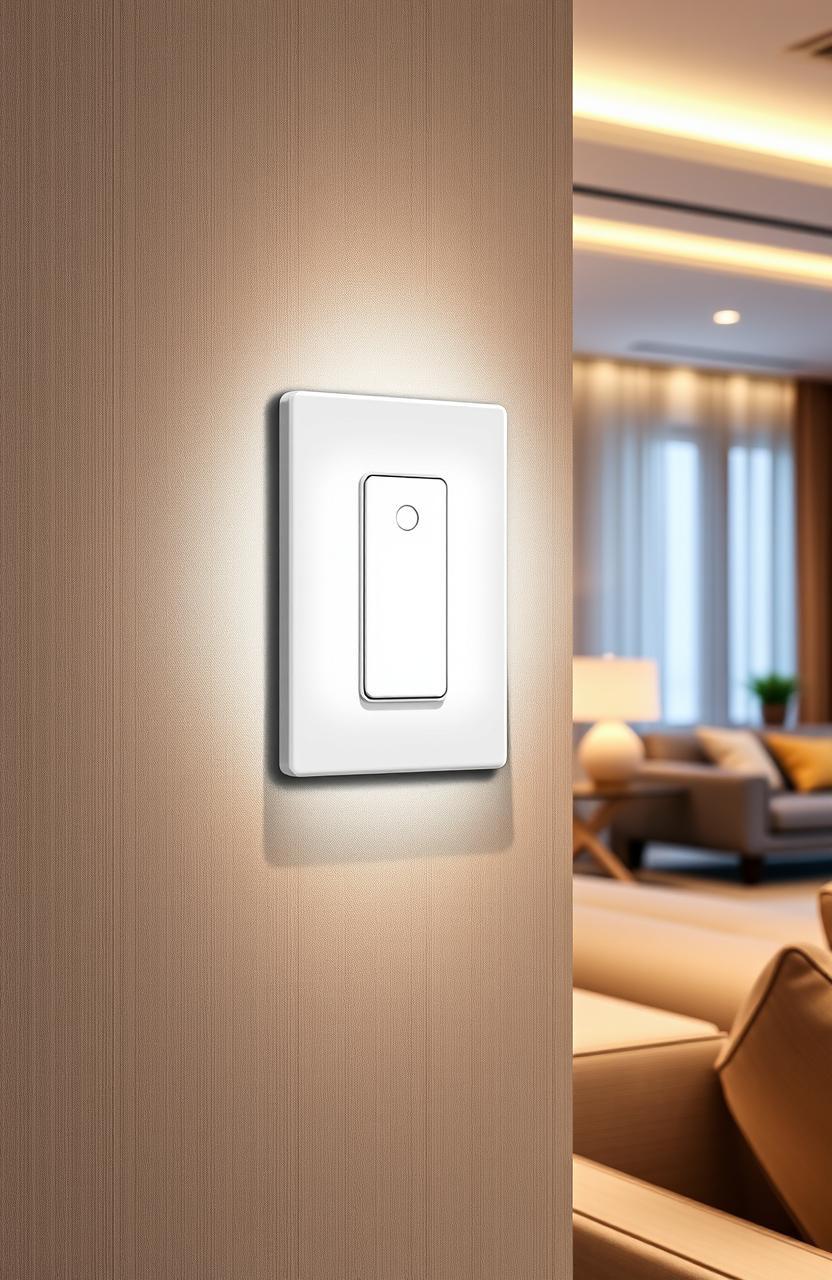 A modern wireless light switch design, elegantly placed on a stylish wall, showcasing its sleek surface and minimalistic style