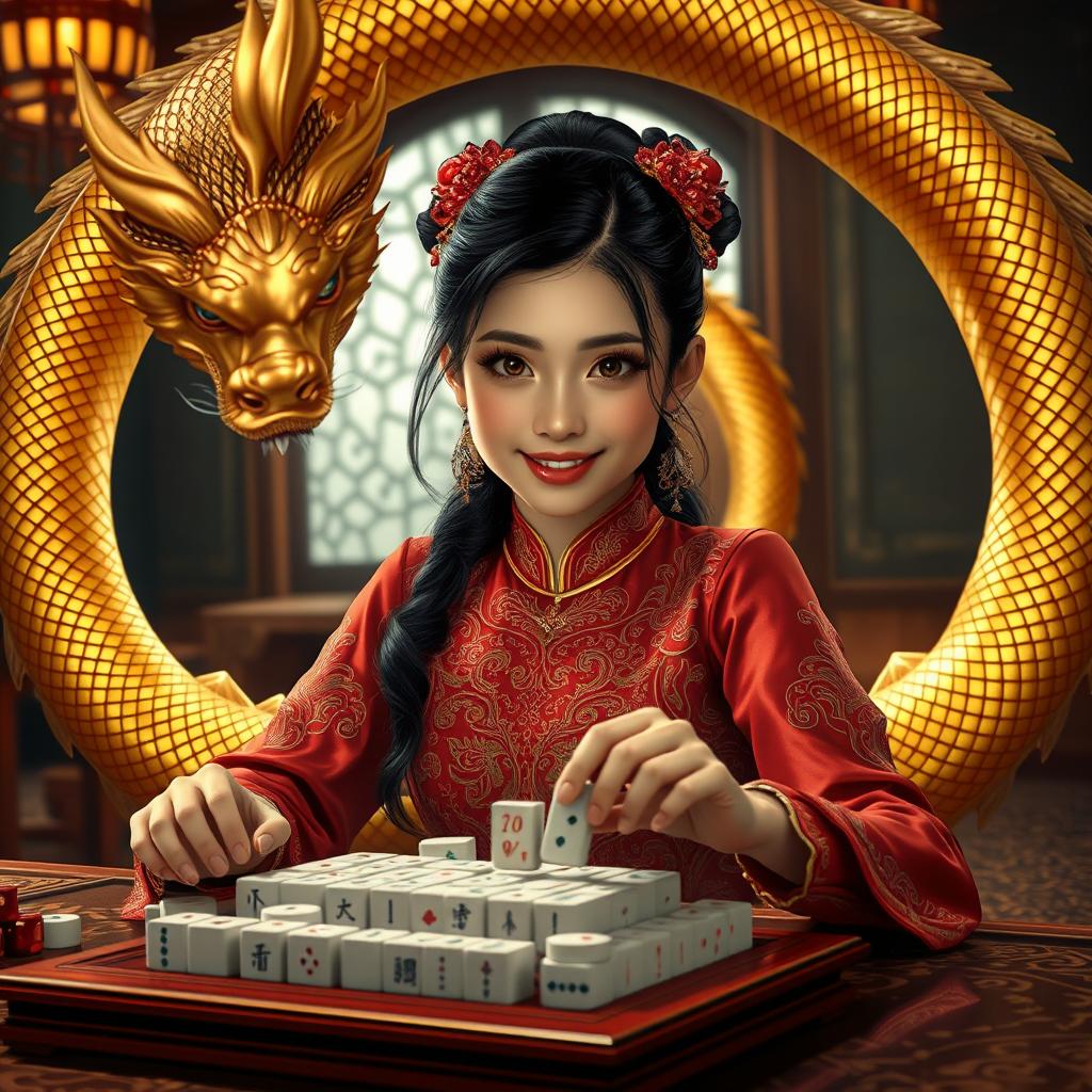 A captivating scene featuring an Indonesian girl with stunning features, elegantly dressed in traditional attire, confidently playing mahjong