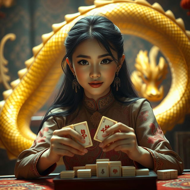 A captivating scene featuring an Indonesian girl with stunning features, elegantly dressed in traditional attire, confidently playing mahjong