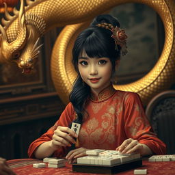 A captivating scene featuring an Indonesian girl with stunning features, elegantly dressed in traditional attire, confidently playing mahjong