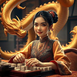 A captivating scene featuring an Indonesian girl with stunning features, elegantly dressed in traditional attire, confidently playing mahjong