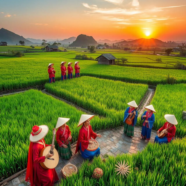 A vibrant scene showcasing the rich cultural heritage of Bình Phước, Vietnam, highlighting its traditional folk songs and poetic expressions