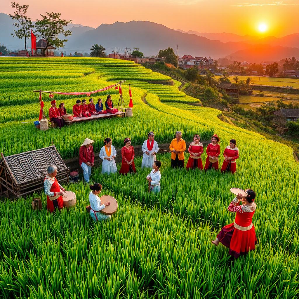 A vibrant scene showcasing the rich cultural heritage of Bình Phước, Vietnam, highlighting its traditional folk songs and poetic expressions