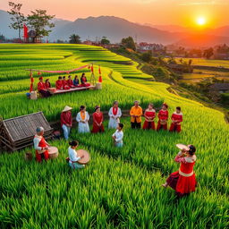 A vibrant scene showcasing the rich cultural heritage of Bình Phước, Vietnam, highlighting its traditional folk songs and poetic expressions