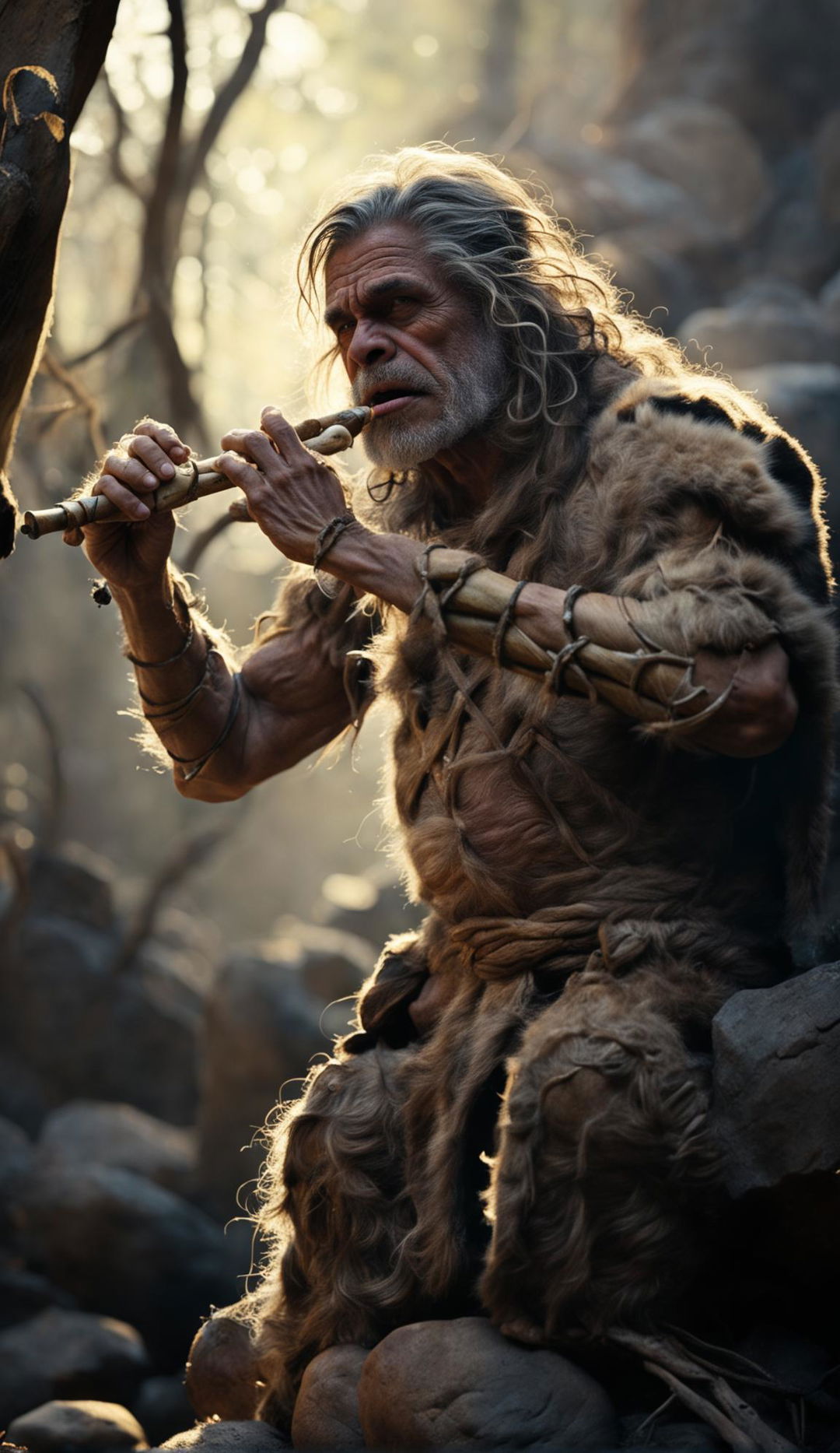 A Neanderthal caveman playing a bone flute in an ancient forest bathed in morning light.