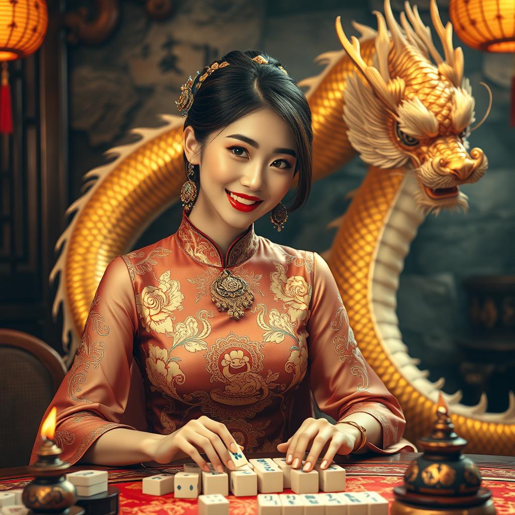 A captivating scene featuring a beautiful Asian woman dressed in an elegant, traditional dress that enhances her graceful allure, as she plays mahjong