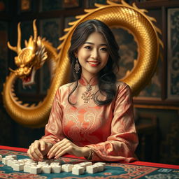 A captivating scene featuring a beautiful Asian woman dressed in an elegant, traditional dress that enhances her graceful allure, as she plays mahjong