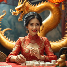 A captivating scene featuring a beautiful Asian woman dressed in an elegant, traditional dress that enhances her graceful allure, as she plays mahjong