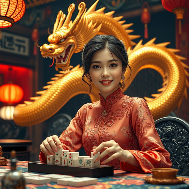 A captivating scene featuring a beautiful Asian woman dressed in an elegant, traditional dress that enhances her graceful allure, as she plays mahjong