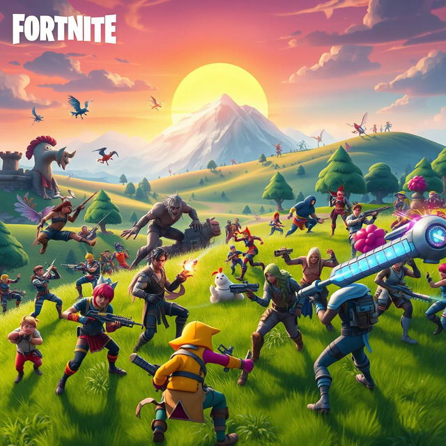 A vibrant Fortnite-inspired scene featuring a diverse group of colorful characters in dynamic poses