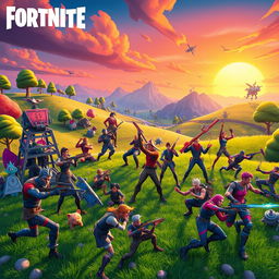 A vibrant Fortnite-inspired scene featuring a diverse group of colorful characters in dynamic poses