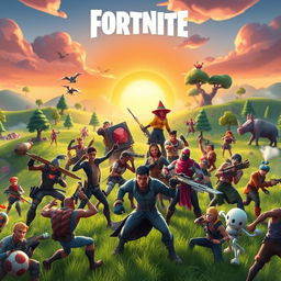 A vibrant Fortnite-inspired scene featuring a diverse group of colorful characters in dynamic poses