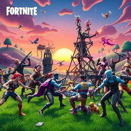 A vibrant Fortnite-inspired scene featuring a diverse group of colorful characters in dynamic poses