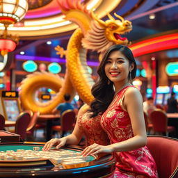 A vibrant scene set in a luxurious casino featuring a beautiful Asian woman dressed in an elegant, traditional dress that exudes glamour and allure
