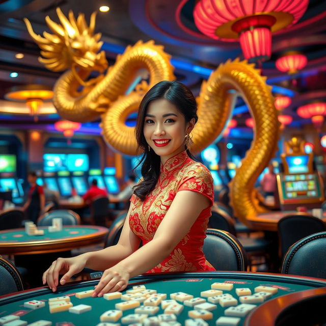 A vibrant scene set in a luxurious casino featuring a beautiful Asian woman dressed in an elegant, traditional dress that exudes glamour and allure