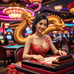 A vibrant scene set in a luxurious casino featuring a beautiful Asian woman dressed in an elegant, traditional dress that exudes glamour and allure